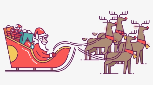 Santa In Sleigh Pulled By Reindeer Clip Art - Cartoon, HD Png Download, Transparent PNG