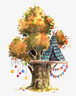 #watercolor #treehouse #teepee #balloons #tree #leaves - Treehouse Watercolor, HD Png Download, Transparent PNG