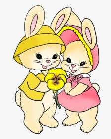 Two Easter Bunnies With Pansy Flower - Cartoon, HD Png Download, Transparent PNG
