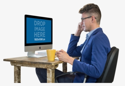 Png Imac Mockup Featuring A Working Man Wearing Glasses - Man Working On Computer Png, Transparent Png, Transparent PNG