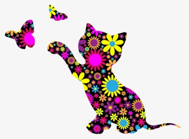 Floral Kitten Playing With Butterflies Silhouette Clip - Cat Playing With A Butterfly, HD Png Download, Transparent PNG