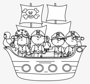 Black And White Pirates On A Pirate Ship - Pirate Boat Clipart Black And White, HD Png Download, Transparent PNG