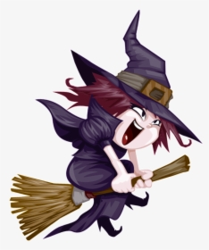 Hand Drawn Cartoon Halloween Witch Png - Cute Witch Riding A Broom, Transparent Png, Transparent PNG