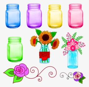 Mason Jars, Colorful, Flowers, Mason, Garden, Jar,, HD Png Download, Transparent PNG