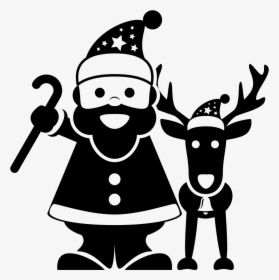 Santa Claus Standing With A Reindeer - Christmas Santa Png Black And White, Transparent Png, Transparent PNG