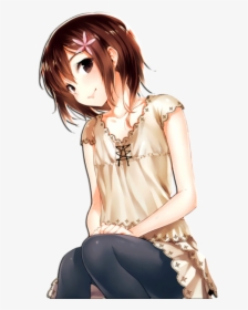 Cartoon,anime,brown Hair,illustration,long Hair,neck,sitting,black - Anime Girl With Short Light Brown Hair, HD Png Download, Transparent PNG