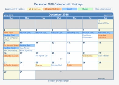 Calendar For December 2018 Usa - January 2020 Calendar With Holidays, HD Png Download, Transparent PNG