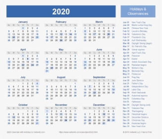Free Printable 2020 Calendar With Holidays, HD Png Download, Transparent PNG