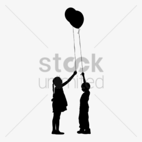 Silhouette Of Kids Playing With Balloon Vector Image - Girl With Balloons Black Png, Transparent Png, Transparent PNG