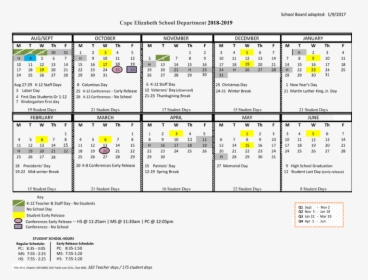 Approved 2018-19 School Calendar - Cape Elizabeth School Calendar, HD Png Download, Transparent PNG