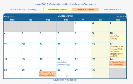 June 2018 Calendar With Holidays Germany - Holidays In January 2020, HD Png Download, Transparent PNG