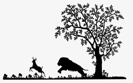 Lion, Attack, Deer, Silhouette, Mammal, Wildlife - Tree Clip Art Black And White Png, Transparent Png, Transparent PNG