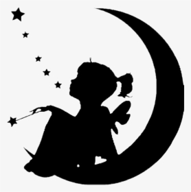 #silhouette #moon #littlegirl #blackandwhite #sticker - Fairy On The Moon Silhouette, HD Png Download, Transparent PNG