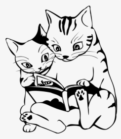 White,line Art,cat,black And White,small To Medium - Cat Reading Book Clipart Black And White, HD Png Download, Transparent PNG