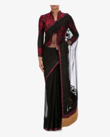 Black Color Saree With Thread Embroidery - Black Color Party Wear Sarees, HD Png Download, Transparent PNG