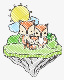 Doodle Family Fox Animal In The Float Island, HD Png Download, Transparent PNG