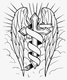 Black And White Sun Cross Png - Cross With Wings Drawing, Transparent Png, Transparent PNG