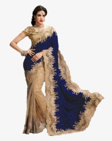 Bollywood Style Model Velvet And Net Saree In Blue - Saree Fashion, HD Png Download, Transparent PNG