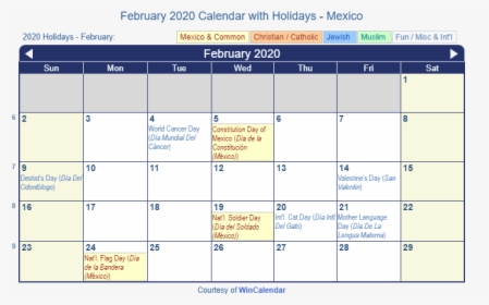 February 2020 Calendar With Mex Holidays - October 2019 Calendar Singapore, HD Png Download, Transparent PNG