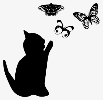 Cat And Butterflies, Cat Silhouette - Cats Silhouette Playing, HD Png Download, Transparent PNG