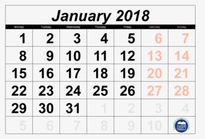 January 2018 Calendar - Png Transparent 2017 Aug Calendar, Png Download, Transparent PNG