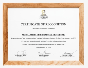 Certificate Of Recognition From Espinas Hotel Group - Certificate Of Travel Company, HD Png Download, Transparent PNG