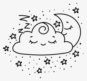 Kawaii Crescent Moon And Cloud Line Art - Desenhos Kawaii Para