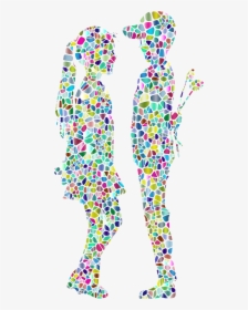 Polyprismatic Tiled Boy Giving Flowers To Girl Silhouette - Silhouette With A Boy And Girl, HD Png Download, Transparent PNG