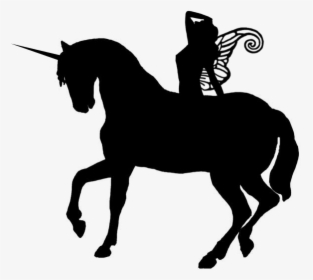 Black-ink Unicorn And Fairy Silhouettes Tattoo Design - Fairy On Unicorn Silhouette, HD Png Download, Transparent PNG