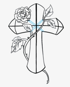 How To Draw A Cross With A Rose In A Few Easy Steps - Drawing Cross With Rose, HD Png Download, Transparent PNG