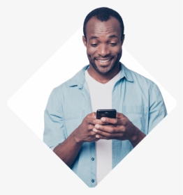 Man Looking At His Smartphone And Smiling - Man Looking Phone Png, Transparent Png, Transparent PNG