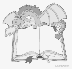 Funny Dragon Animal Free Black White Clipart Images - Dragon Holding Book Cartoon, HD Png Download, Transparent PNG