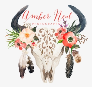 Cow Skull With Flowers And Feathers , Png Download - Bull Skull With Feathers And Flowers, Transparent Png, Transparent PNG