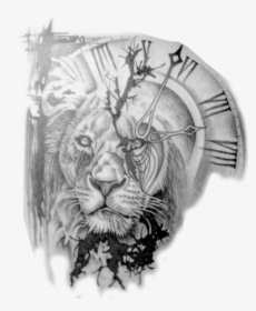 Lion And Clock Tattoo Design, HD Png Download, Transparent PNG