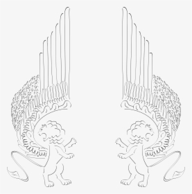 Winged Lions Facing Out Clip Arts - Winged Lions Line Drawing, HD Png Download, Transparent PNG