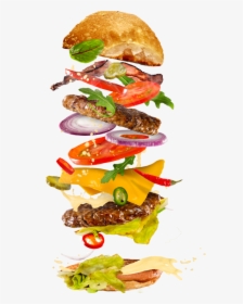 Menu Burger Restaurant In - Burger Flying Ingredients, HD Png Download, Transparent PNG