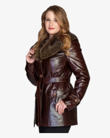 Golden Long Leather Jacket - Woman In Leather Jacket Fur, HD Png Download, Transparent PNG