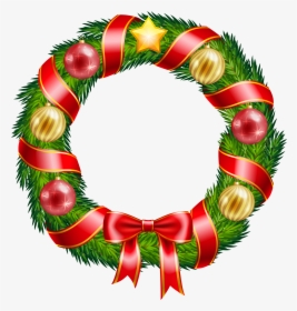 Christmas Wreath With Ornaments And Red Bow Clipart - Christmas Wreath Clipart Png, Transparent Png, Transparent PNG