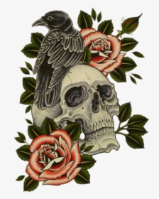 #mq #crow #skull #skulls #roses - Skull With Flowers Tattoo, HD Png Download, Transparent PNG