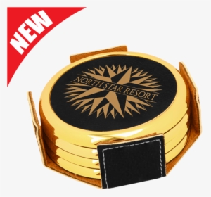 Round Black Leatherette With Gold Edge 4-coaster Set - Round Leatherette Coasters Laser, HD Png Download, Transparent PNG