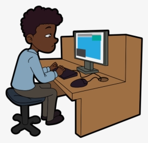 Black Cartoon Male Using A Desktop Computer At Work - Male On Computer Cartoon, HD Png Download, Transparent PNG