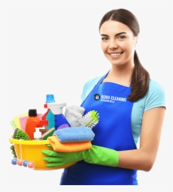 Smiling Woman Standing With A Bucket Full Of Bottles - Cleaning Girl Png, Transparent Png, Transparent PNG