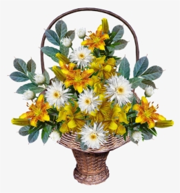 Flowers, Basket, Arrangement, Yellow, Leaves, Lilies - Flower Basket Png, Transparent Png, Transparent PNG