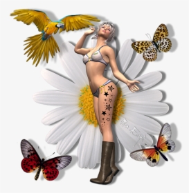 Pretty 3d Woman With Macaw And Butterflies, HD Png Download, Transparent PNG