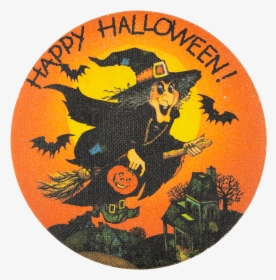 Happy Halloween Witch Over Houses Event Button Museum - Illustration, HD Png Download, Transparent PNG