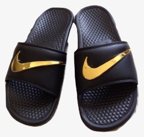 Transparent Black Swoosh Png - Gold Black Nike Sandals, Png Download, Transparent PNG