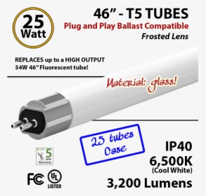 Led T5 Glass Tube Light 25 Watts 6500k Frosted Lens - Cable, HD Png Download, Transparent PNG