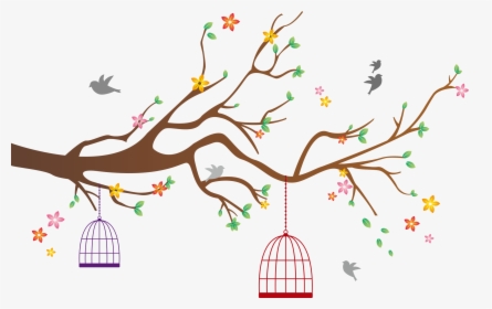 Vector Branch With Birdcage - Birdcage With Flowers Vector, HD Png Download, Transparent PNG