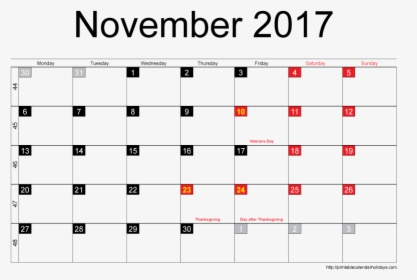 Printable December 2017 Calendar Transparent Background - Many Days In November 2018, HD Png Download, Transparent PNG