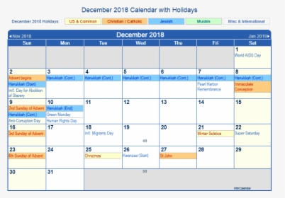 Free Download December 2018 Calendar With Holidays - Calendar 2018 Us Holiday December 2018, HD Png Download, Transparent PNG